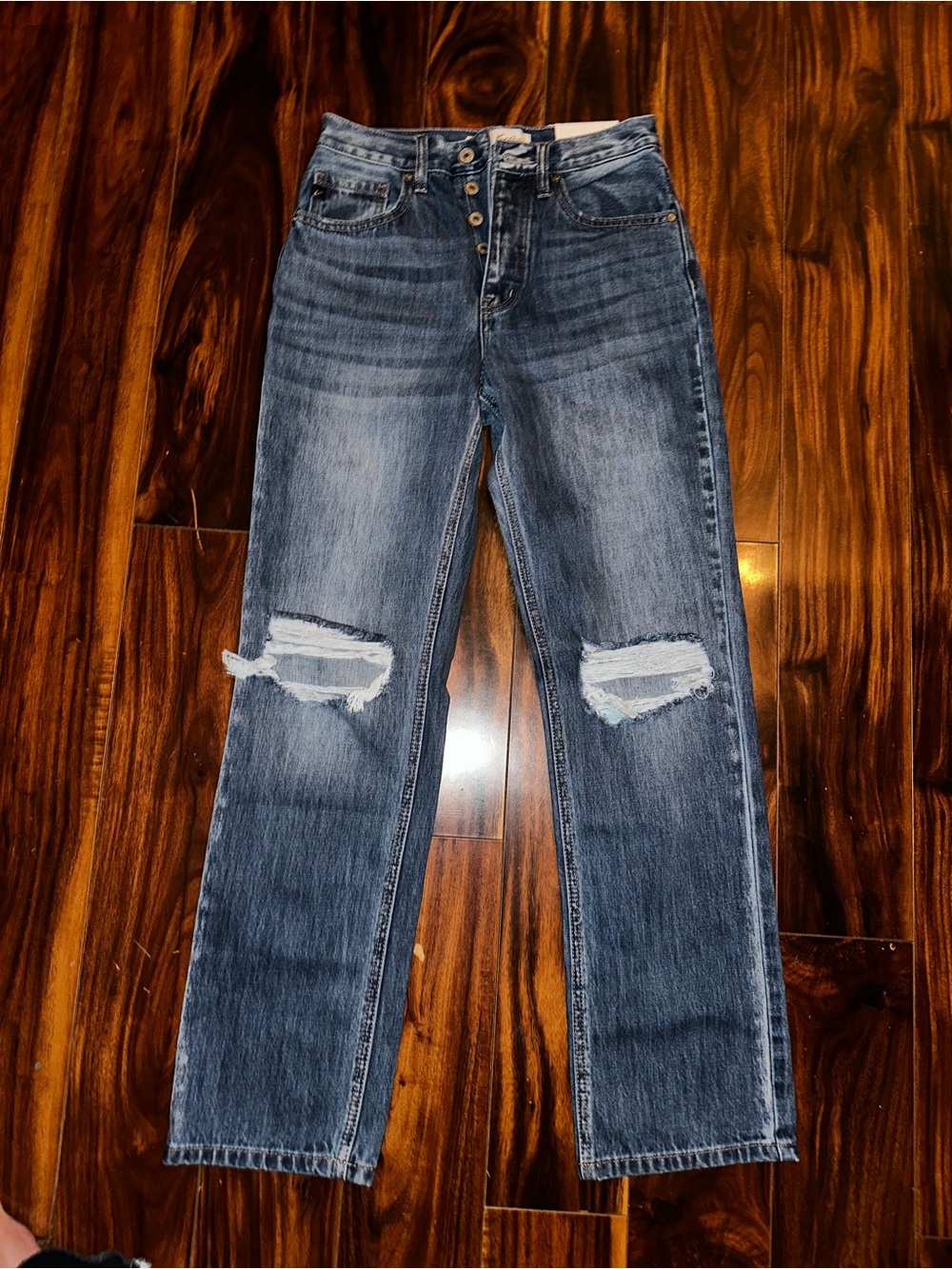 KanCan Straight Leg High-Rise Distressed Jeans - Medium Blue